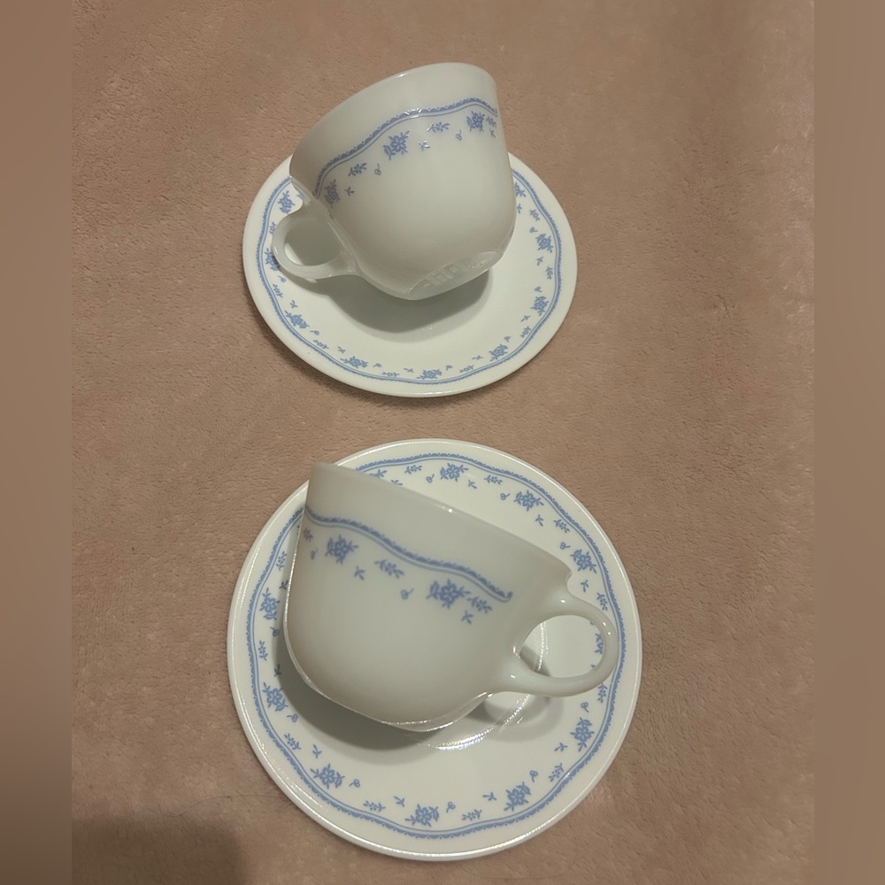 PYREX Morning Blue Coffee/Tea Cups and Saucer Sets